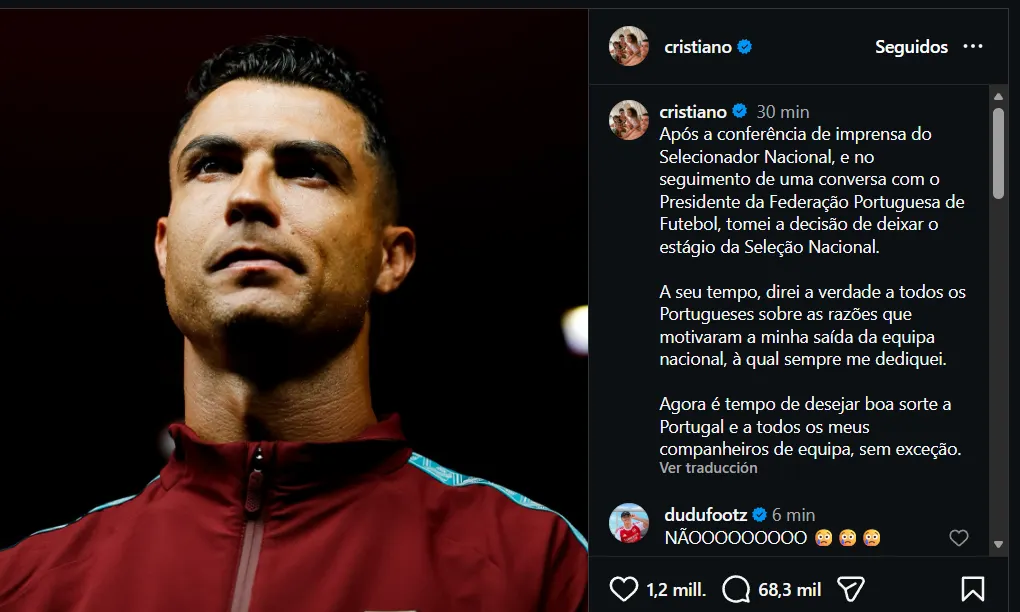 El comunicado de Ronaldo tras abandonar la concentración de Portugal.