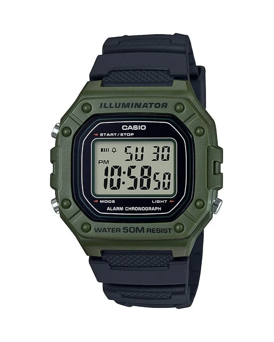 Casio W-218H: Formato cuadrado y estructura robusta para el uso diario.