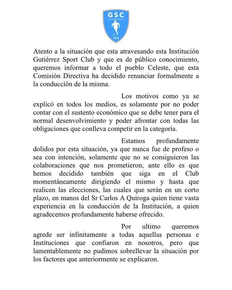La renuncia que presentó la Comisión Directiva de Gutiérrez.