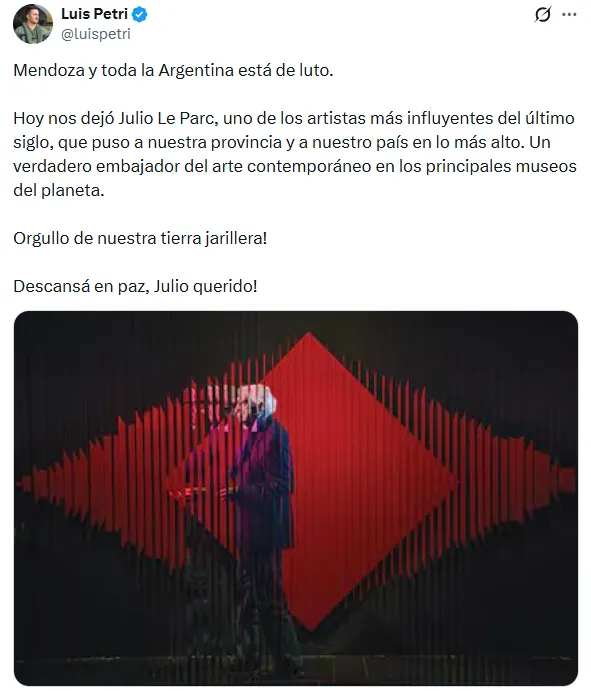 El diputado nacional Luis Petri también dejó un mensaje para el artista. 