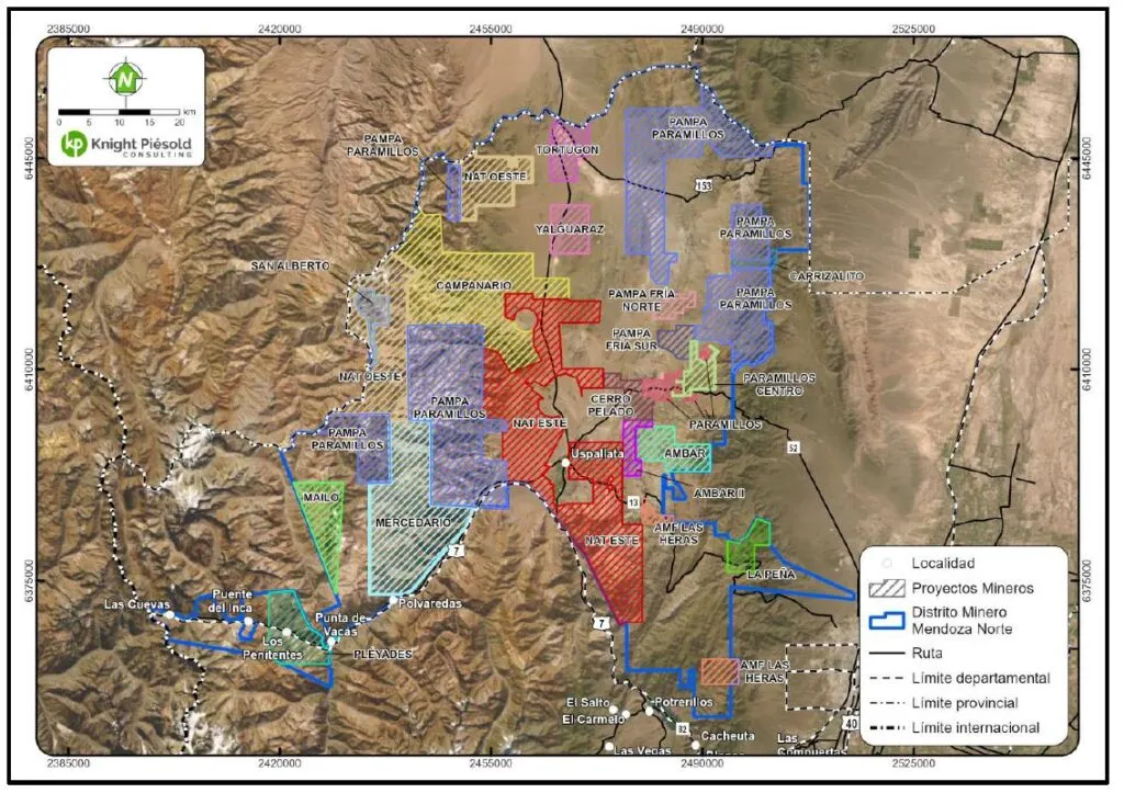 El mapa de las propiedades que integran el Distrito Minero Mendoza Norte.