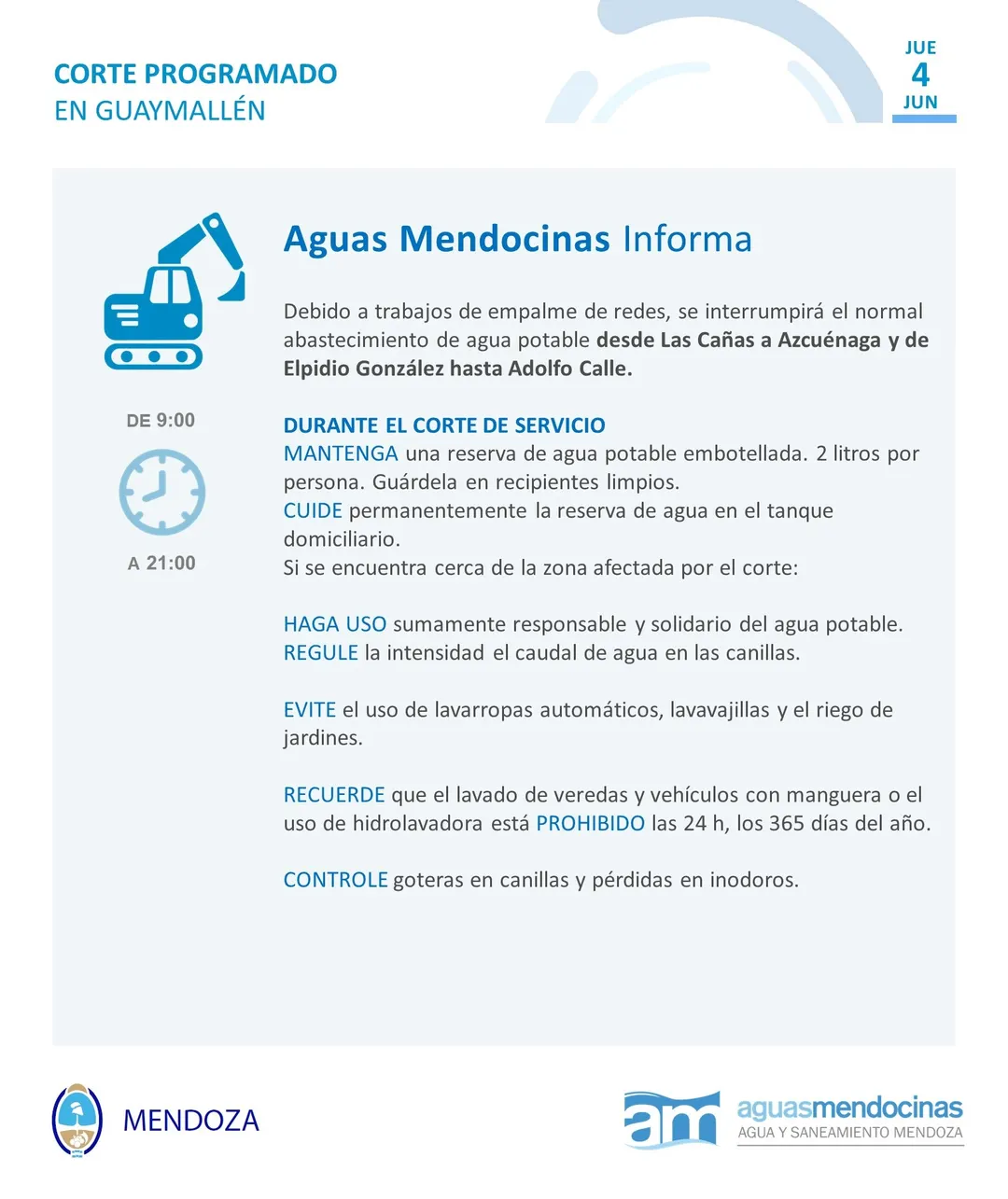 Guaymallén: habrá un corte de agua de 12 horas por trabajos en la red.