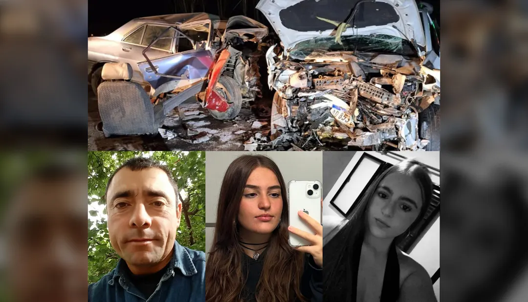 La escena del accidente y tres de las víctimas fatales: el árbitro Fernández Mercau y las hermanas Masó. 
