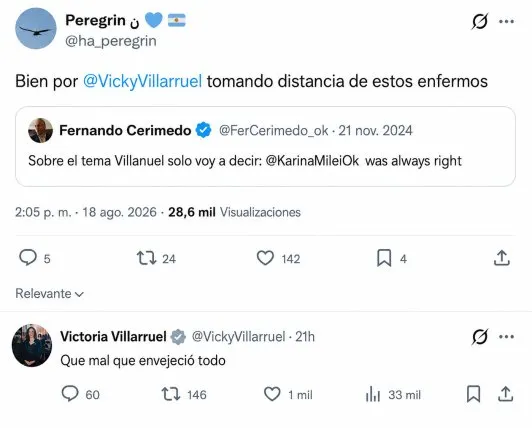 Villarruel respondió el posteo que retomó el comentario de Cerimedo