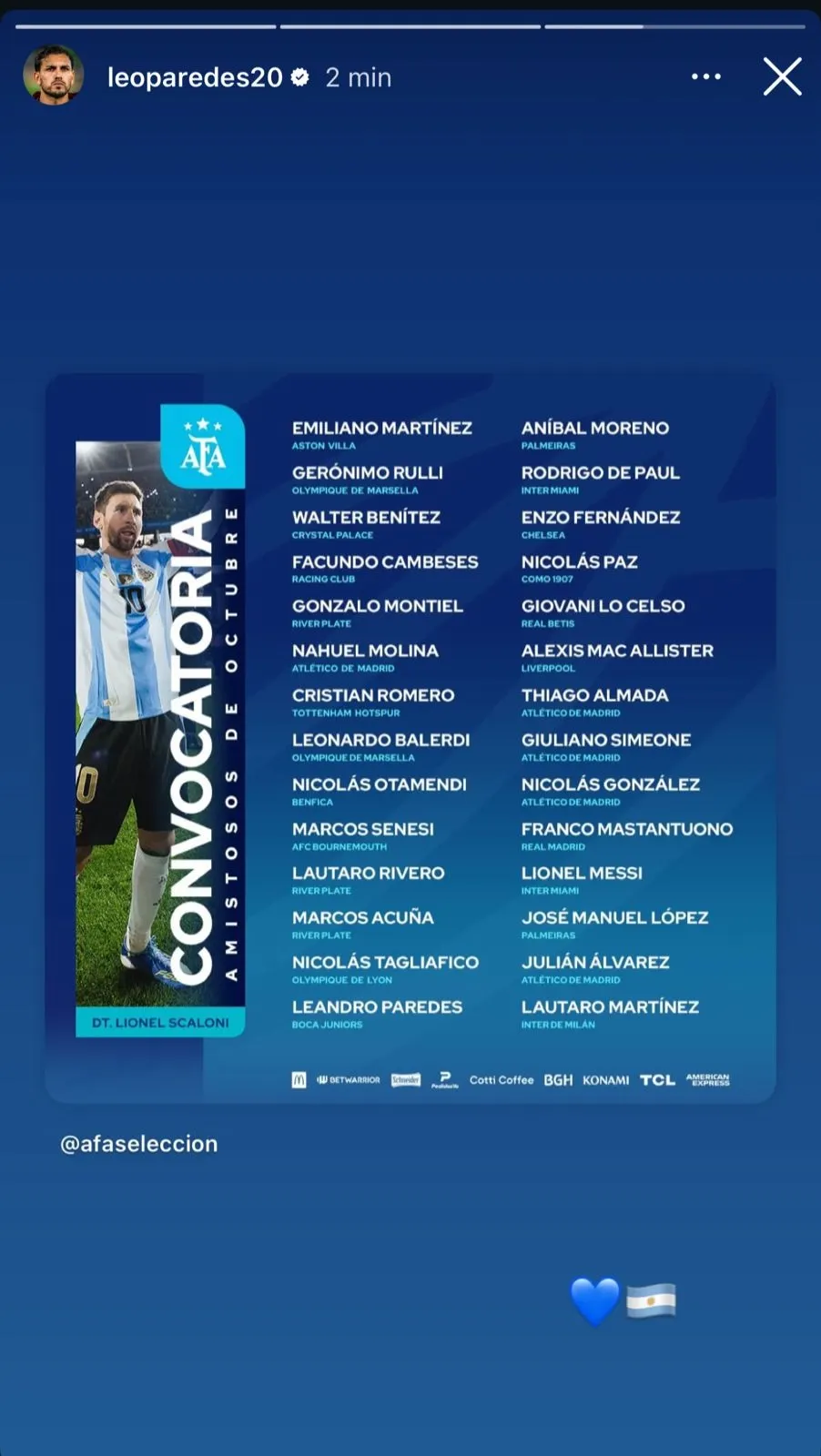 Leandro Paredes fue convocado para los amistosos de la Selección y reaccionó con una historia en Instagram.