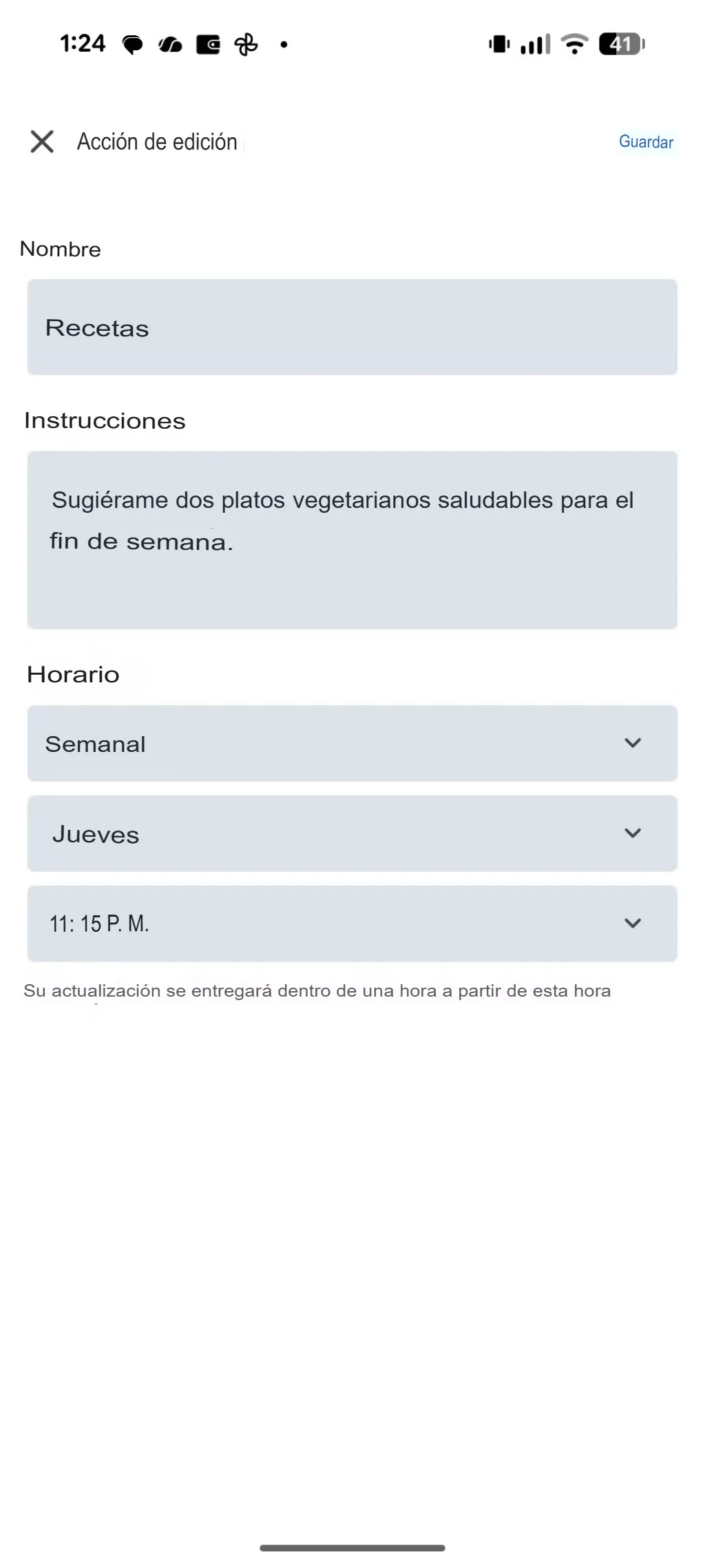Gestión de comidas: el asistente entrega sugerencias saludables y listas de compras automáticas cada viernes por la noche.