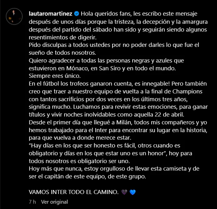 Lautaro Martínez se disculpó con los hinchas del Inter en Instagram.