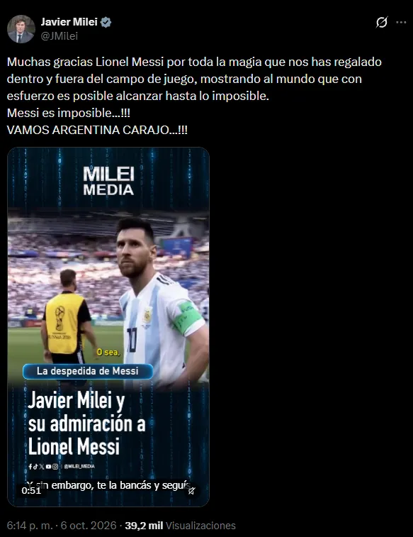 El tuit de Javier Milei.