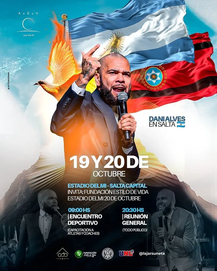 Dani Alves llegará a la Argentina en octubre para participar de encuentros religiosos y actividades deportivas.