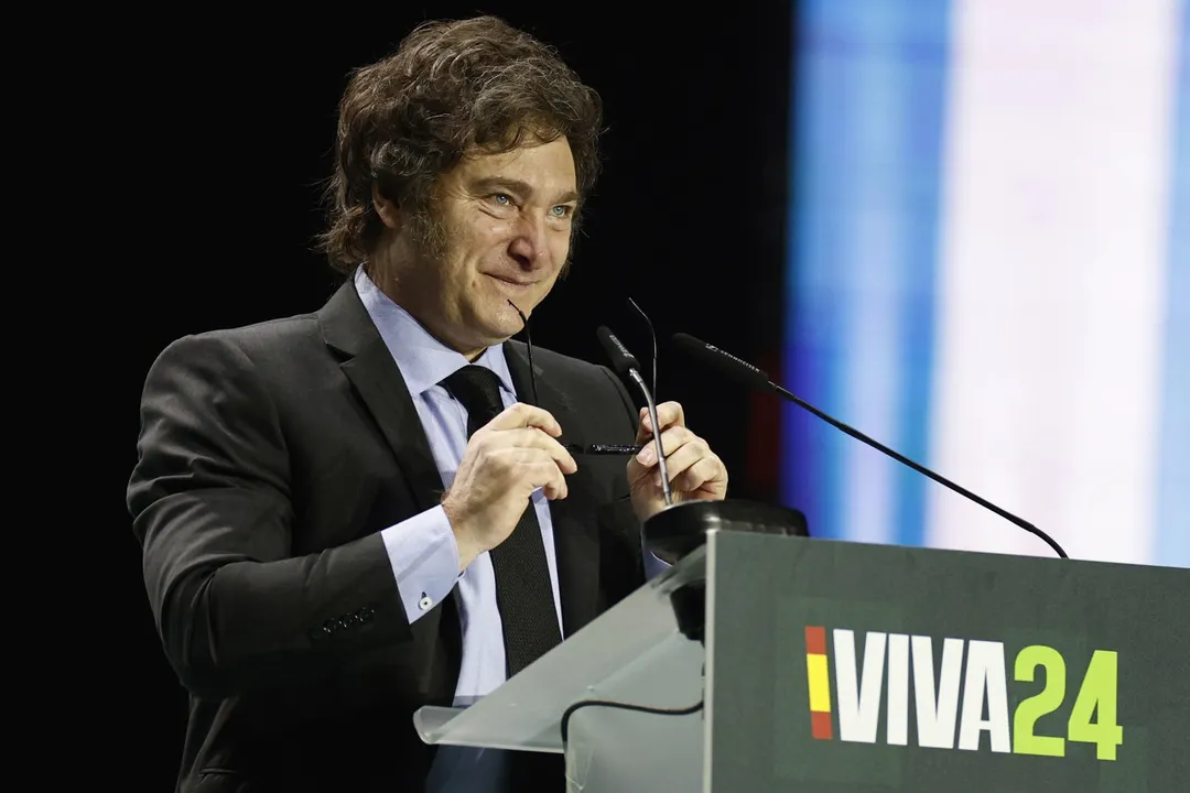 Javier Milei durante su discurso en el gran acto de Vox “Viva 24”, en Vistalegre Madrid, España, en mayo de 2024.  