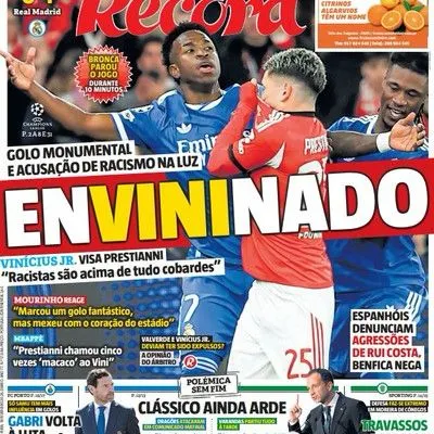 La tapa de O Record sobre el escándalo entre Prestianni y Vinícius Jr. 