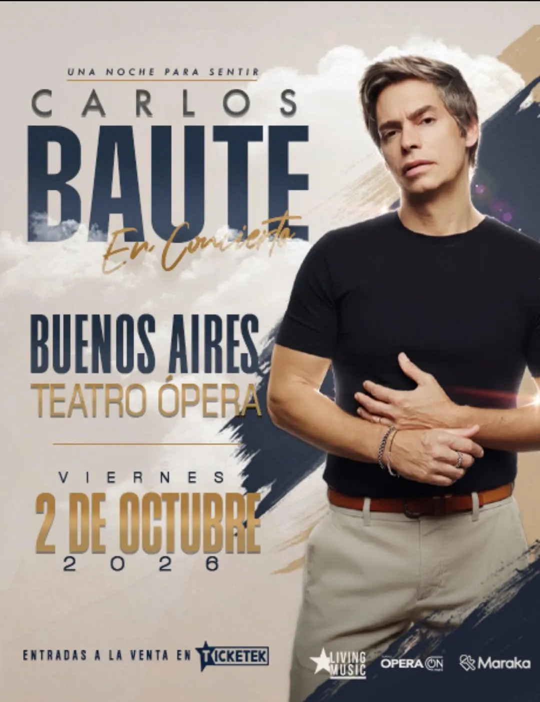 Carlos Baute dará un show en el Teatro Ópera de Buenos Aires el 2 de octubre. 