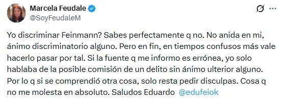 La publicación de Marcela Feudale. 