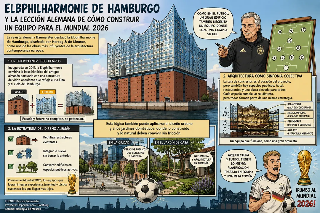 La arquitectura y el fútbol comparten una misma lógica: planificación, coordinación y trabajo en equipo. La Elbphilharmonie de Hamburgo simboliza cómo la integración entre patrimonio, innovación y espacio público ofrece una lección que también puede aplicarse al diseño urbano, a los jardines domésticos y a la construcción de equipos capaces de competir al más alto nivel.