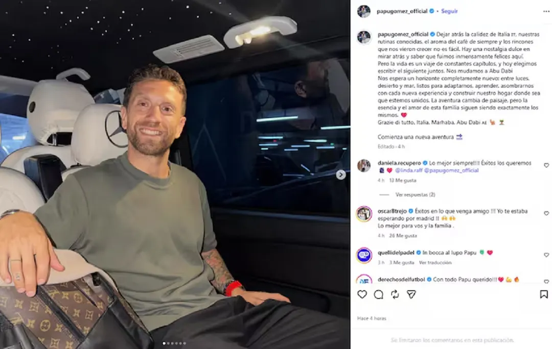 El Papu Gómez confirmó su llegada a los Emiratos Árabes Unidos con un mensaje de despedida para Calcio Padova