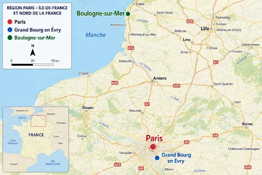 Ubicación de las distintas ciudades en donde residió el General San Martín en Francia.