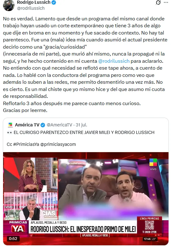 Rodrigo Lussich desmintió ser primo de Javier Milei y confirmó que todo fue una broma. 