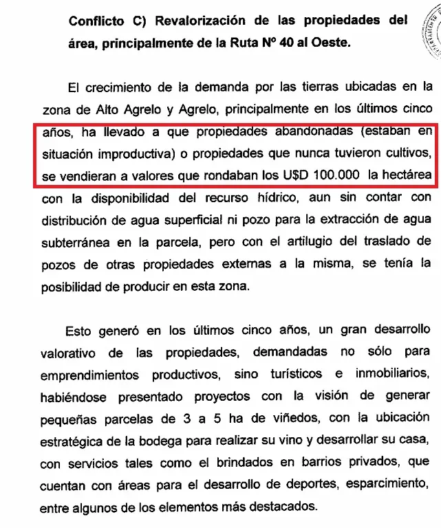 El documento donde se advierte cómo se revalorizan las tierras con el acceso al agua. 