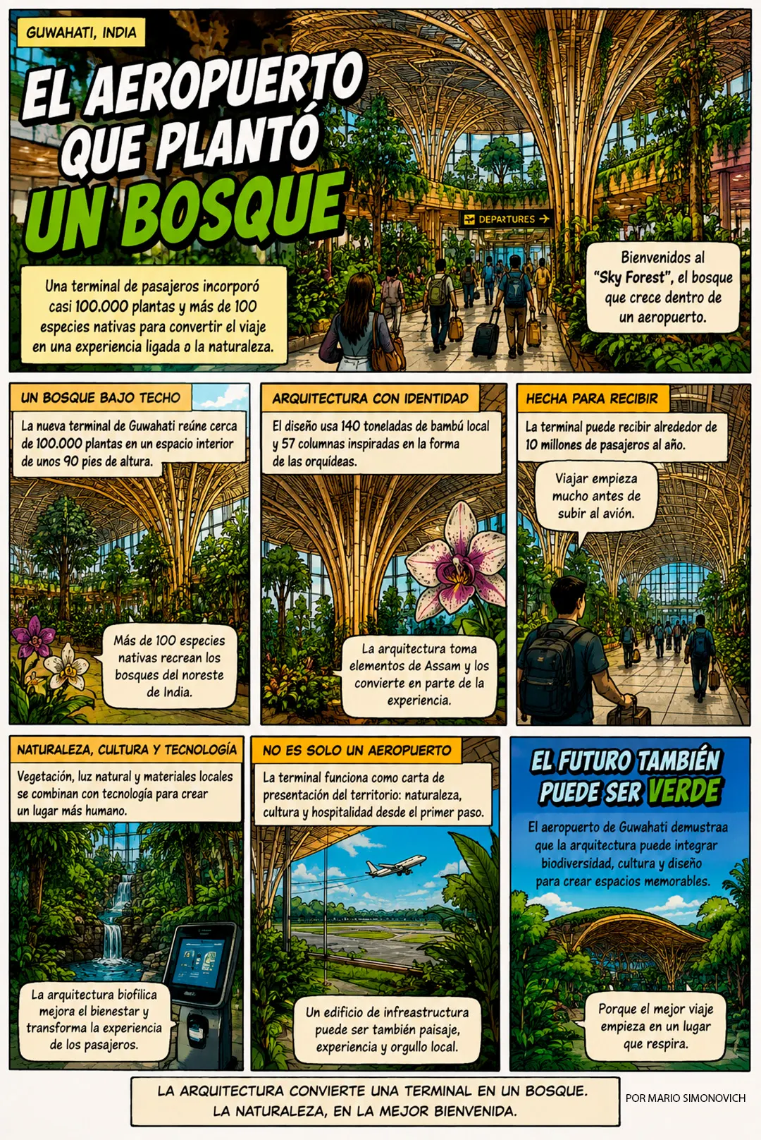 La arquitectura combina tecnología, vegetación y diseño para crear un aeropuerto visualmente diferente.