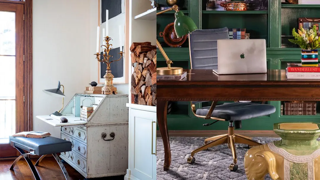 Decorar con arte y antiguedades, como el candelabro y un escritorio vintage (izquierda) y una silla usada y cómoda  en el escritorio (derecha). Tara Shaw y Creative Tonic Design / Julie Soefer.