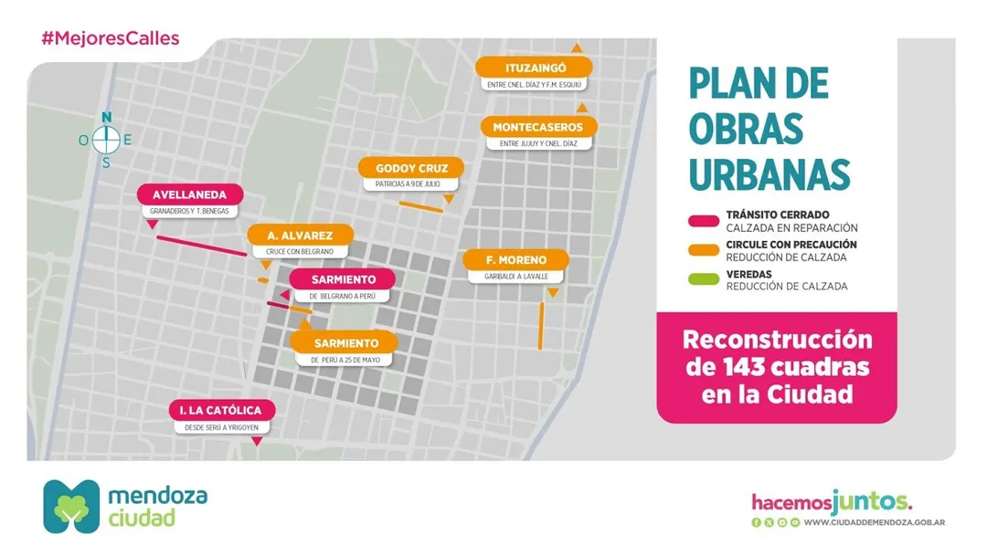La Municipalidad de la Ciudad de Mendoza informó el estado del tránsito por obras.  