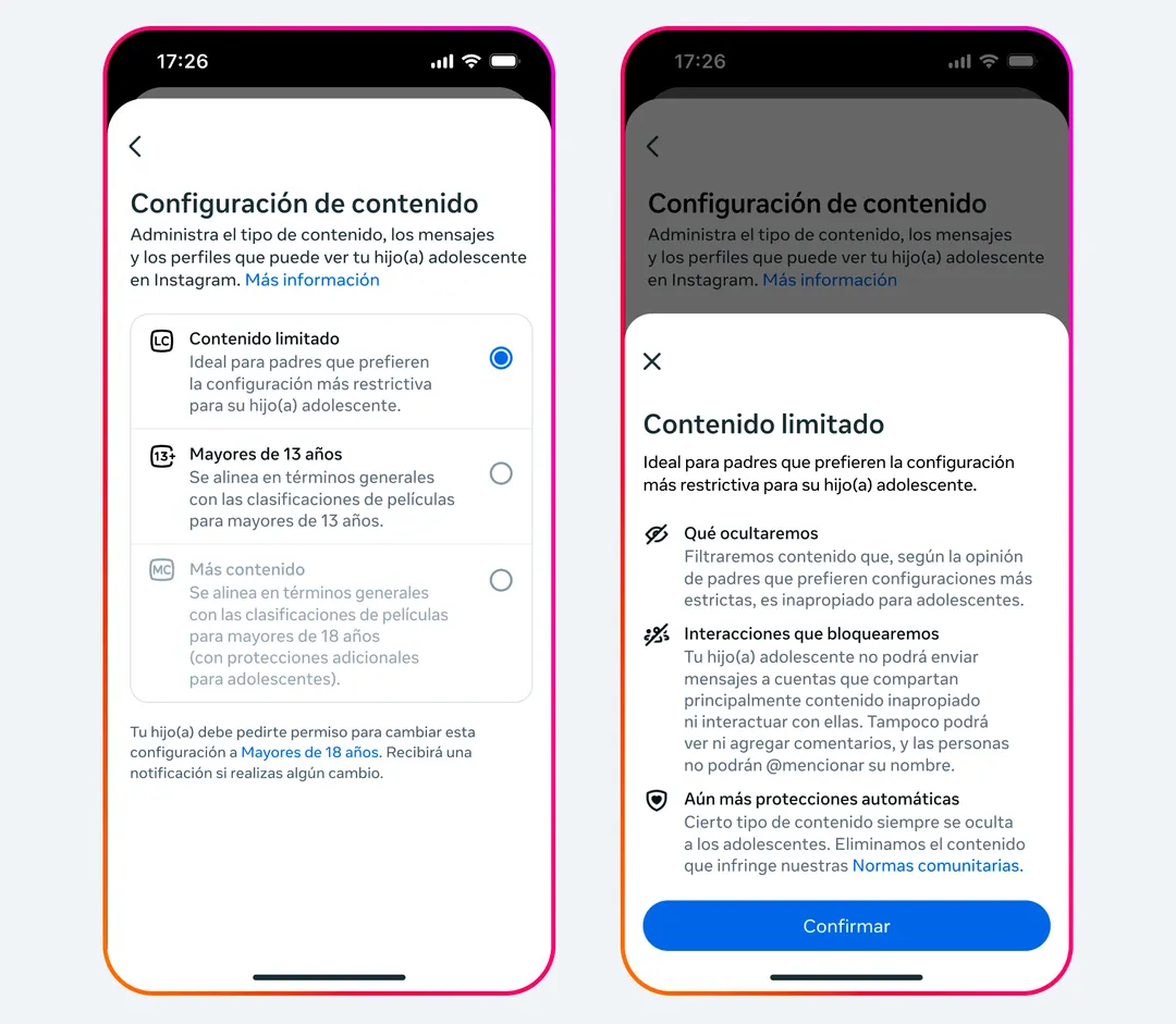 Desde la configuración de contenido Meta añade capas de seguridad para menores de edad.