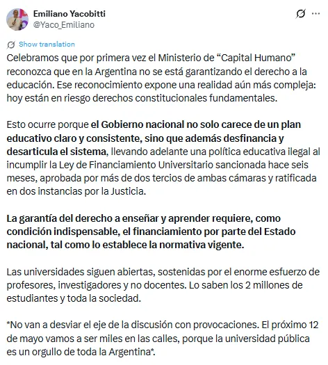 El descargo de Emiliano Yacobitti por las advertencias del Ministerio de Capital Humano a través de su cuenta de X.
