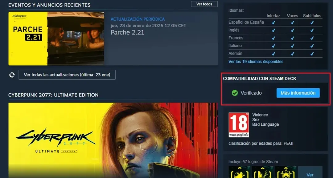 Ficha del juego en Steam: en la sección Compatibilidad con Steam Deck aparece si está Verificado o Jugable.