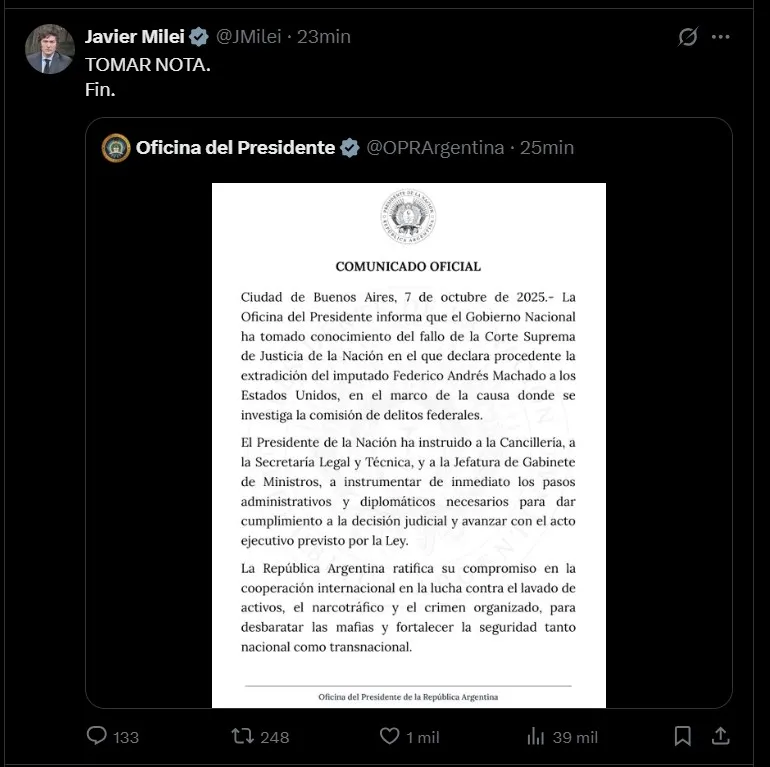 El posteo de Milei sobre Machado