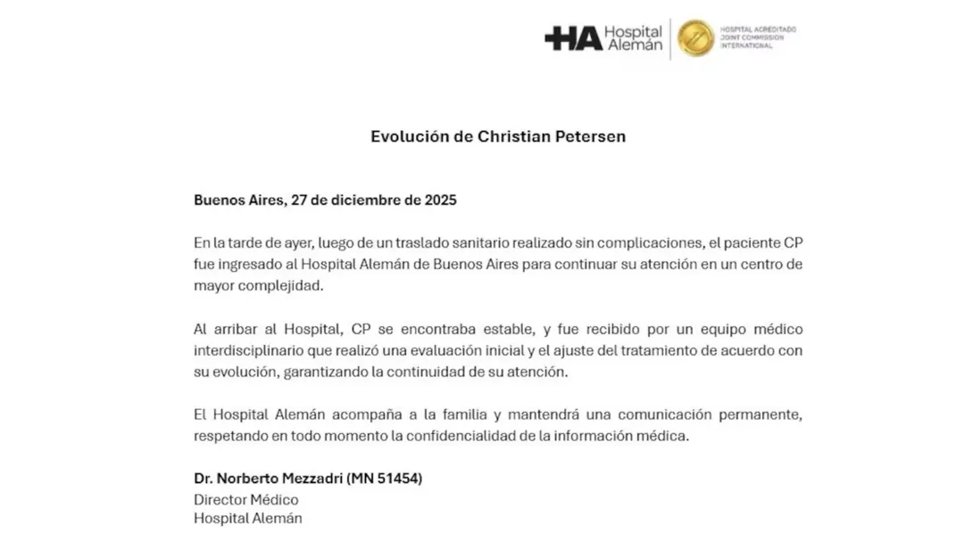 El Hospital Alemán de Buenos Aires emitió el parte oficial firmado por su director médico sobre Christian Petersen.