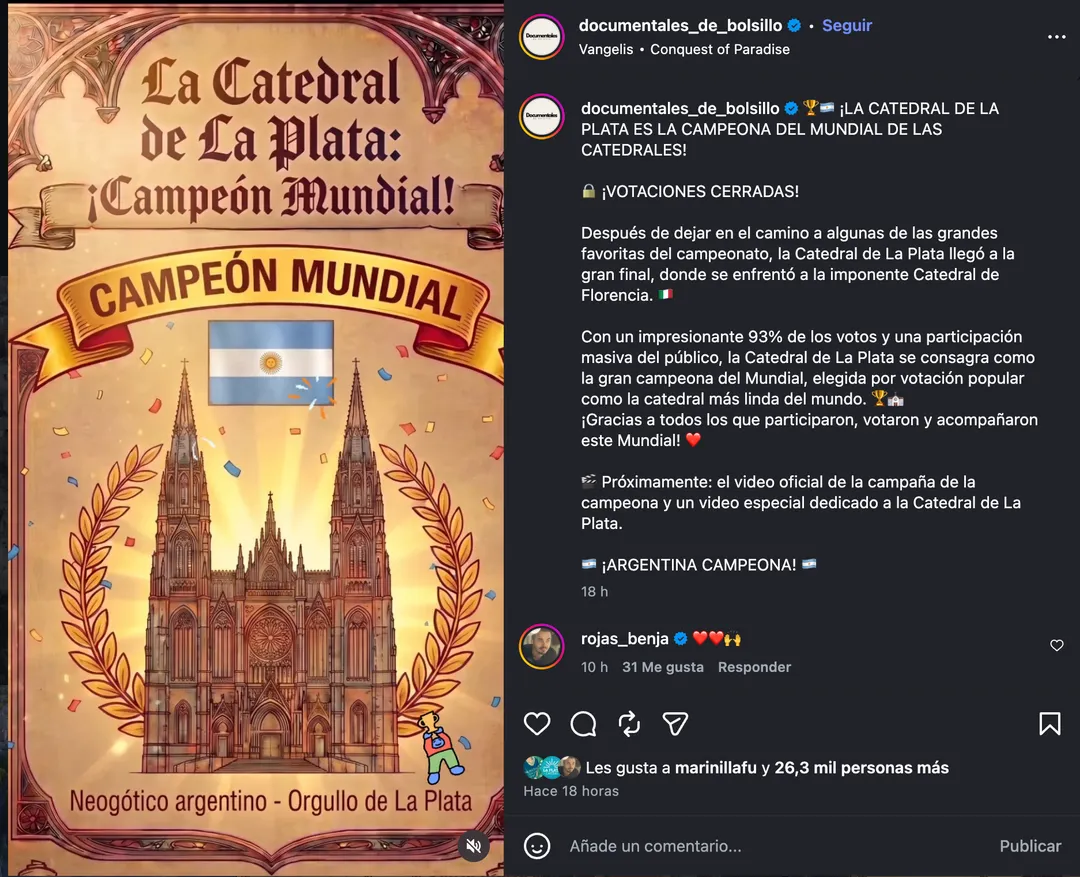 Desde la cuenta Documentales de bolsillo informaron que la Catedral de La Plata se consagró campeona.