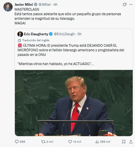 Milei compartió en X un posteo sobre los dichos de Trump.