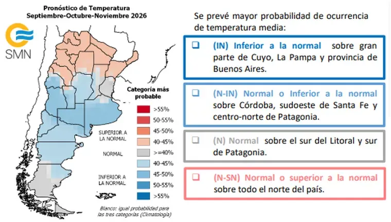 Mendoza aparece entre las zonas donde las temperaturas podrían quedar por debajo de lo normal durante los próximos tres meses.