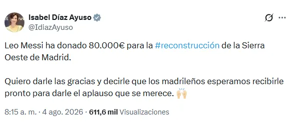 El gesto solidario de Messi fue agradecido públicamente por Isabel Díaz Ayuso.