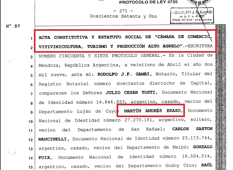 El acta constitutiva de la Asociación que se creó con el solo fin de acceder al agua en una zona vedada. Eraso era uno de los integrantes. 