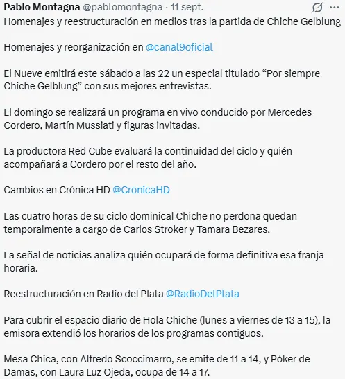 La información que brindó Pablo Montagna sobre los ciclos donde trabajó Chiche Gelblung.