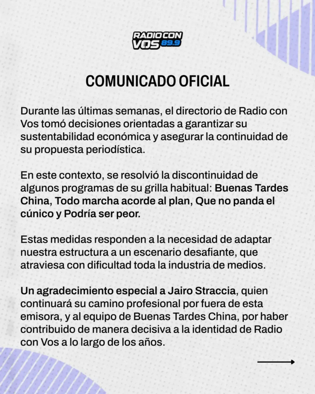 El comunicado fue compartido en la cuenta oficial de X y de Instagram de la emisora.
