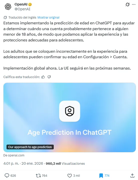 La plataforma ChatGPT ahora usa modelos de predicción para determinar si el usuario es mayor de 18 años.