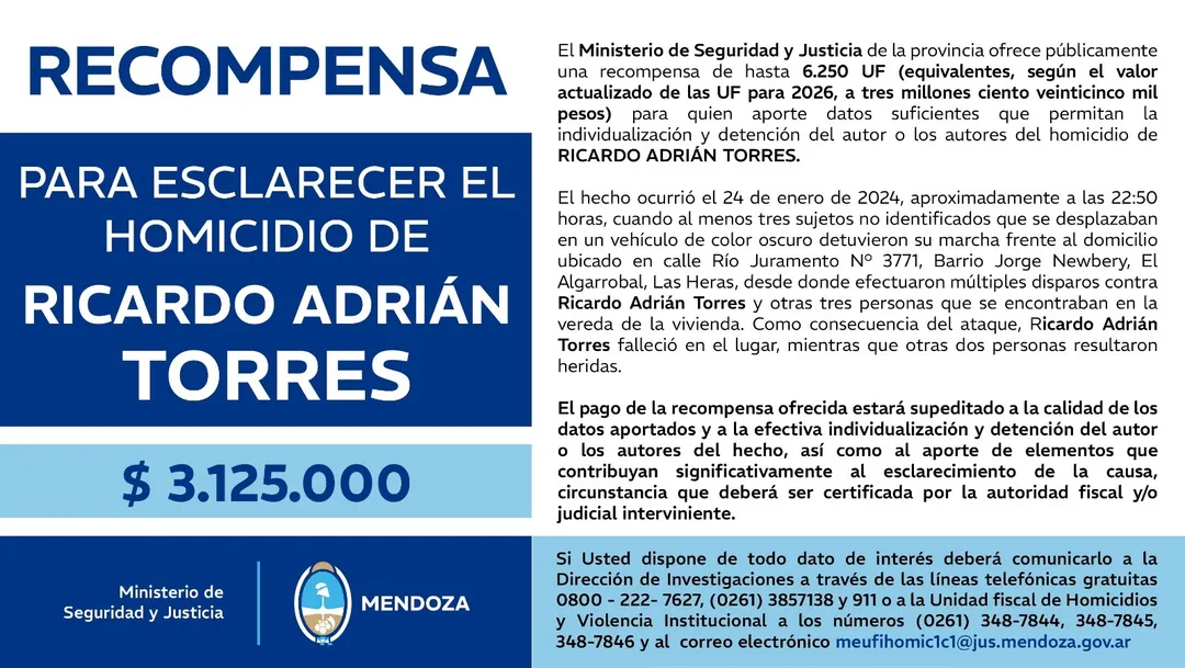 El Ministerio público fiscal ofrece una recompensa a quien aporte información que permita dar con el culpable o los culpables del homicidio.