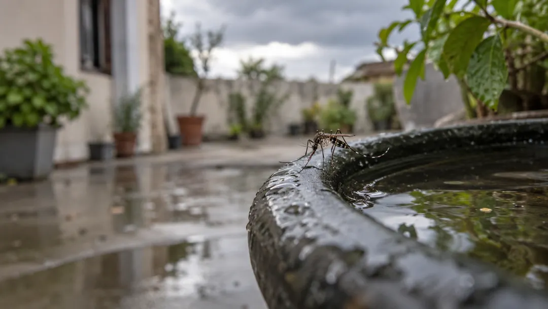 Las lluvias, las temperaturas elevadas y la humedad pueden favorecer la reproducción del mosquito cuando encuentra recipientes con agua acumulada. Imagen generada con IA.