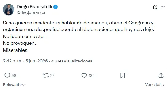 Diego Brancatelli tajante con el Gobierno tras la muerte del Indio Solari. 