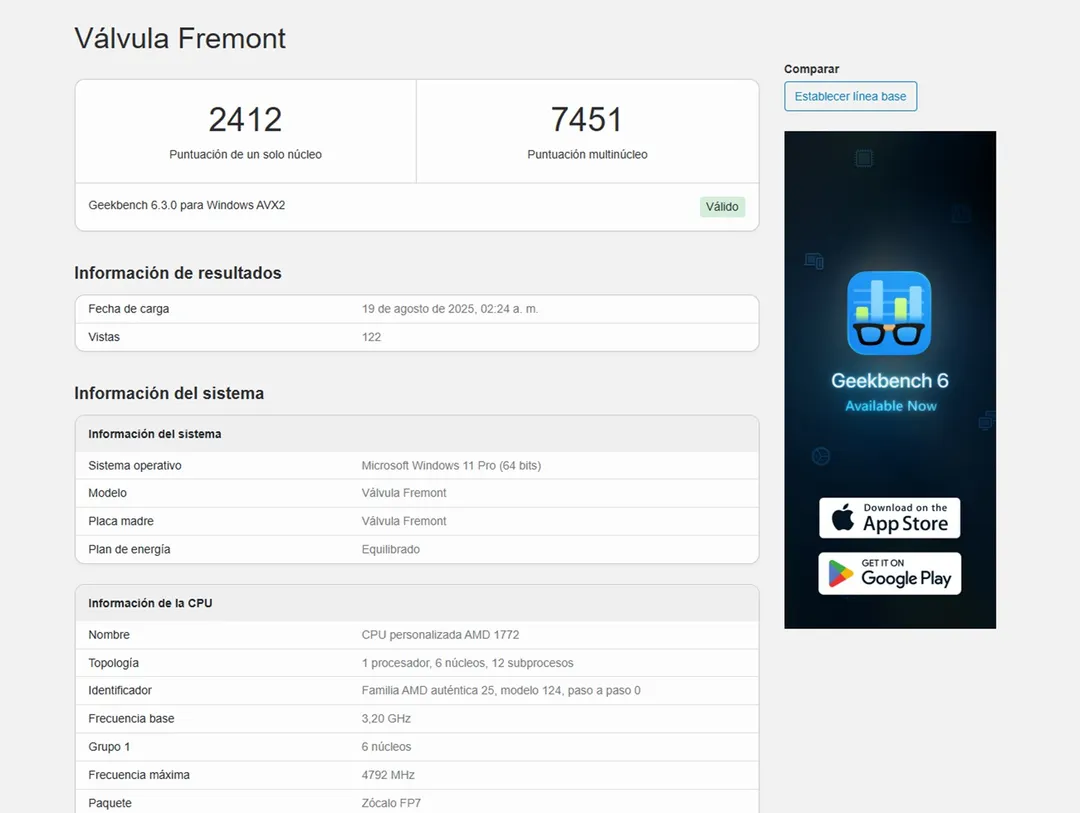 El 20 de agosto de 2025, la base de datos de Geekbench registró un dispositivo denominado «Valve Fremont» (ID: 13390426).