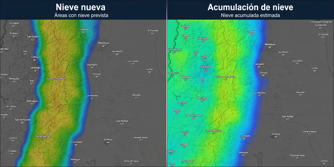 El mapa muestra que las nevadas más intensas se concentrarán en la cordillera de Mendoza, mientras el Gran Mendoza quedará fuera del área con acumulación prevista.