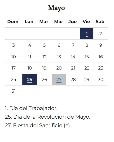 El calendario oficial de mayo marca un feriado al inicio del mes y otro sobre el cierre.