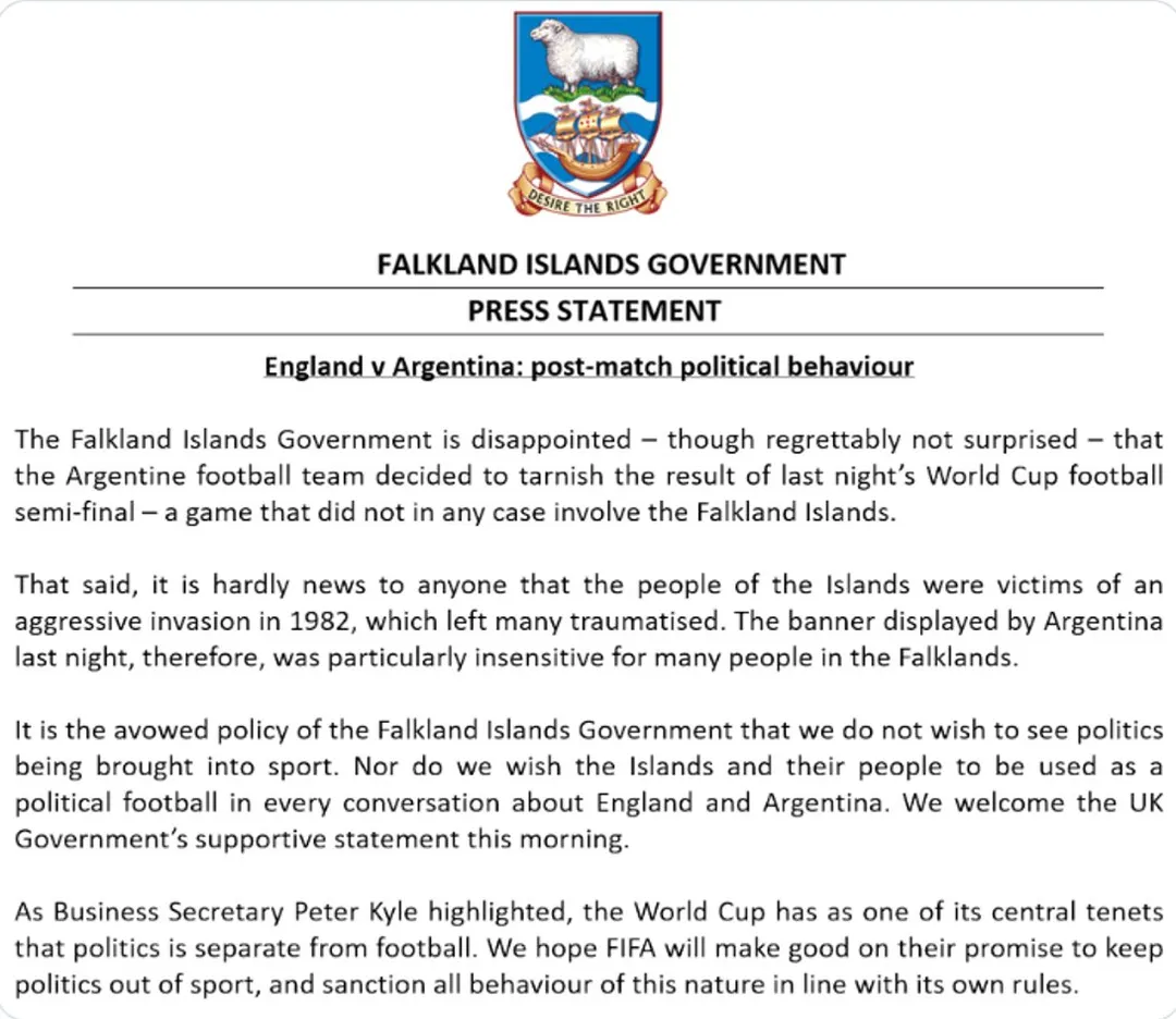 El comunicado de las autoridades de las Islas Malvinas sobre la bandera que exhibieron los jugadores de la Selección tras derrotar a Inglaterra.