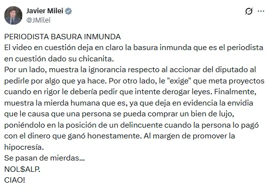 Javier Milei sin filtro contra Franco Mercuriali. 