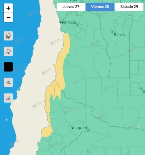 El SMN emitió un alerta por nevadas para este viernes en Mendoza.