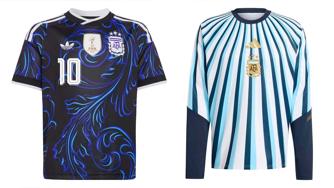 Camiseta alternativa de Argentina y la camiseta con mangas largas para usar antes de los partidos.