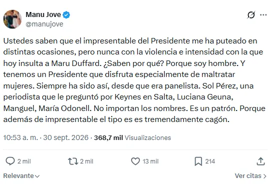 Manu Jove contra Javier Milei.