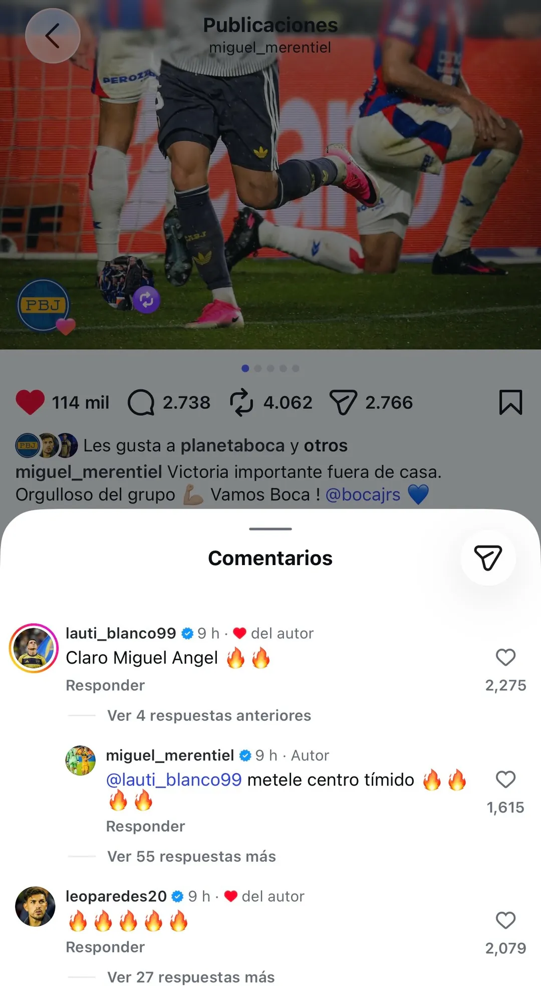 La respuesta de Paredes a Merentiel en su publicación de IG.